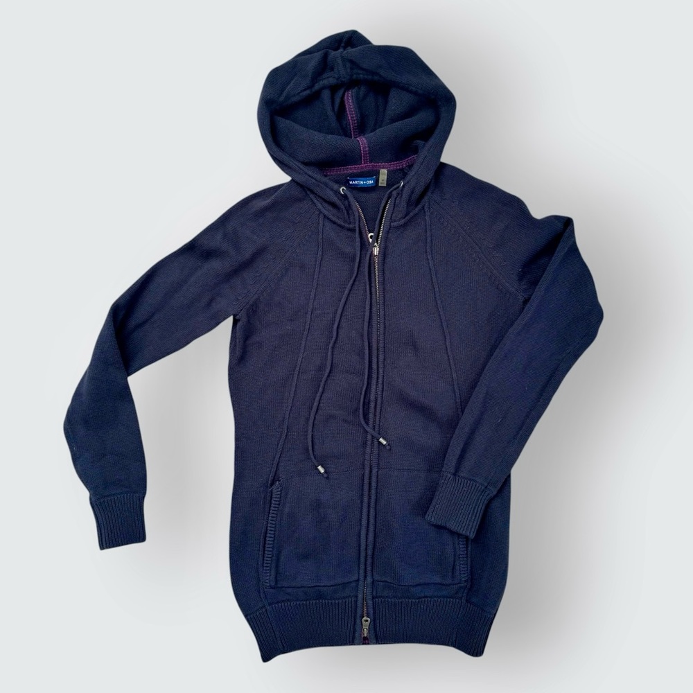 Martin + Osa women’s navy blue full zip sweater with purple accent